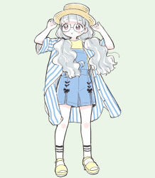 Rule 34 | 1girl, :o, blue overalls, blush, commentary request, full body, glasses, grey background, grey hair, hands on headwear, hands up, idol time pripara, koda michiru, long hair, looking to the side, low twintails, open clothes, open mouth, open shirt, overalls, pretty series, pripara, sandals, shirt, simple background, socks, solo, standing, striped clothes, striped shirt, terayamaden, twintails, wavy hair, white socks, yellow shirt