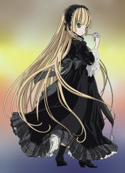 Rule 34 | 1girl, blonde hair, boots, chin strap, dress, frills, gosick, gothic lolita, green eyes, hairband, high heels, highres, lolita fashion, long hair, looking at viewer, looking back, smoking pipe, shoes, solo, standing, very long hair, victorica de blois