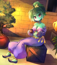 Rule 34 | 1girl, anklet, artist name, bare shoulders, bracelet, breasts, brick wall, cleavage, collarbone, colored skin, commentary, cosplay, cup, english commentary, green hair, green skin, head tilt, high ponytail, jewelry, large breasts, looking at viewer, necklace, ponytail, puffy pants, red eyes, rottytops, shantae, shantae (cosplay), shantae (series), shoes, short hair, sitting, smile, solo, spoon, takuyarawr, wooden box