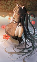 Rule 34 | 1girl, absurdres, animal ears, bell, black hair, breasts, cat ears, cat girl, cat tail, collar, flower, hair flower, hair ornament, halterneck, highres, large breasts, looking at viewer, myabit, neck bell, original, outstretched arm, partially submerged, red eyes, solo, swimsuit, tail, twintails, water, wet, wet clothes