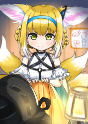 Rule 34 | 1girl, 1other, ambiguous gender, amiya (arknights), animal ears, arknights, bare shoulders, blonde hair, blue hairband, blush, braid, braided hair rings, child&#039;s drawing, closed mouth, clothing cutout, colored tips, commentary, doctor (arknights), fox ears, fox girl, fox tail, frilled sleeves, frills, green eyes, hair rings, hairband, kitsune, kyuubi, multicolored hair, multiple tails, nasumikan (nodoame241), originium slug (arknights), short hair, short sleeves, shoulder cutout, smile, split mouth, suzuran (arknights), tail, twin braids, two-tone hair, white hair
