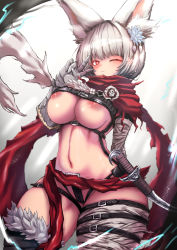 Rule 34 | 1girl, ;), animal ear fluff, animal ears, areola slip, armor, asymmetrical legwear, belt, blunt bangs, blurry, blush, borrowed character, breasts, bright pupils, cameltoe, cleft of venus, commentary request, depth of field, dutch angle, eyebrows hidden by hair, fox ears, from below, grey background, hair ornament, hand up, heart, highres, large breasts, leg belt, light rays, light smile, looking at viewer, mismatched legwear, navel, neu (purusawa), nipple slip, nipples, one eye closed, original, red eyes, red scarf, scarf, sheath, sheathed, sho (wnmf3234), simple background, smile, solo, standing, sword, tassel, thighhighs, torn clothes, underboob, v, v over eye, weapon, white pupils