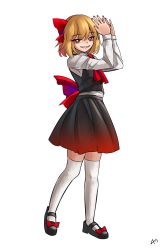 Rule 34 | 1girl, a-xii, arms up, ascot, black footwear, black skirt, black vest, blonde hair, bow, collared shirt, footwear bow, gradient skirt, hair bow, highres, long sleeves, mary janes, nail polish, own hands together, red bow, red eyes, red nails, red skirt, rumia, sharp teeth, shirt, shoes, short hair, simple background, skirt, skirt set, smile, solo, teeth, thighhighs, touhou, vest, white background, white shirt, white thighhighs, zettai ryouiki