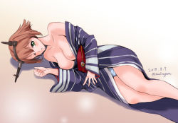Rule 34 | 1girl, beige background, blue kimono, blue panties, breasts, brown hair, dated, feet out of frame, gradient background, green eyes, hairband, headgear, japanese clothes, kantai collection, kimono, large breasts, looking at viewer, lying, maira gen, mutsu (kancolle), on side, panties, pantyshot, parted lips, short hair, solo, striped clothes, striped kimono, twitter username, underwear, yukata
