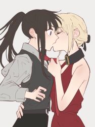 Rule 34 | 2girls, backless dress, backless outfit, bare arms, black hair, black ribbon, black vest, blonde hair, closed eyes, collar, collared shirt, commentary request, dress, grey background, grey shirt, hair ribbon, hair up, hand on another&#039;s waist, inoue takina, kiss, long hair, long sleeves, lycoris recoil, multiple girls, necktie, necktie grab, neckwear grab, nishikigi chisato, ponytail, purple eyes, red dress, red necktie, ribbon, shiratama draw, shirt, simple background, sleeveless, sleeveless dress, upper body, vest, yuri