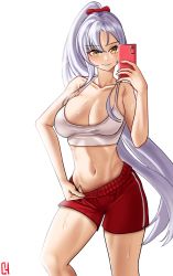 Rule 34 | 1girl, alternate costume, azur lane, bare shoulders, blush, breasts, choister, cleavage, collarbone, drake (azur lane), feet out of frame, highres, holding, holding phone, long hair, looking at viewer, medium breasts, navel, phone, ponytail, red shorts, selfie, shirt, shorts, silver hair, smile, solo, standing, sweat, white background, white shirt, yellow eyes