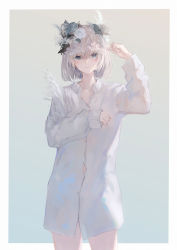Rule 34 | 1girl, arm up, blue eyes, blue flower, blue rose, blush, closed mouth, collared shirt, commentary request, dress shirt, flower, grey background, grey hair, hair between eyes, hair flower, hair ornament, highres, kisei2, long sleeves, looking at viewer, no pants, original, partially unbuttoned, rose, shirt, sleeves past wrists, solo, white flower, white shirt
