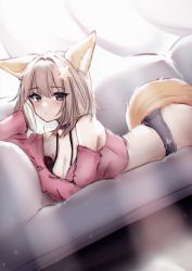 Rule 34 | 1girl, animal ears, annytf, arm behind head, bare shoulders, black bra, black choker, black shorts, blush, bra, breasts, brown hair, choker, cleavage, commentary, couch, cowboy shot, crop top, dutch angle, english commentary, fox ears, fox girl, fox tail, hair intakes, hair ornament, highres, indie virtual youtuber, large breasts, long hair, looking at viewer, lying, mino (minosura27), on stomach, pink shirt, shirt, short shorts, shorts, solo, star (symbol), star hair ornament, tail, underwear, virtual youtuber
