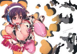 Rule 34 | 10s, 1girl, andou shuki, animal ears, animal print, areola slip, bell, between breasts, blush, bottle, bottomless, breasts, breasts squeezed together, brown eyes, brown hair, collar, cover, cover page, cow ears, cow horns, cow print, cowbell, cum, elbow gloves, facial, female pubic hair, gloves, headset, highres, horns, idolmaster, idolmaster cinderella girls, large breasts, milk, milk bottle, neck bell, no panties, oikawa shizuku, open mouth, pubic hair, short hair, solo, tail, thighhighs, tongue