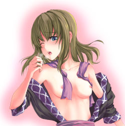 Rule 34 | 1girl, alternate costume, blue eyes, blush, breasts, brown hair, cleavage, female focus, japanese clothes, kimono, mizuhashi parsee, nipples, one eye closed, open clothes, open kimono, open mouth, short hair, small breasts, solo, sweat, touhou, unasaka ryou, wink