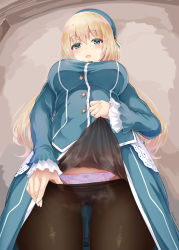 Rule 34 | 1girl, :d, aqua eyes, atago (kancolle), black pantyhose, blonde hair, blue headwear, blue jacket, blue skirt, blush, breasts, clothes lift, clothes pull, frilled sleeves, frills, from below, gluteal fold, jacket, kantai collection, large breasts, lifting own clothes, long hair, long sleeves, looking at viewer, oonaka ito, open mouth, panties, panties under pantyhose, pantyhose, pantyhose pull, showgirl skirt, skirt, smile, solo, steaming body, underwear, white panties