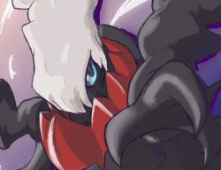 Rule 34 | aberu (ycrr3542), blurry, commentary request, creatures (company), darkrai, game freak, gen 4 pokemon, gradient background, green eyes, legendary pokemon, looking at viewer, mythical pokemon, nintendo, no humans, outstretched hand, pokemon, pokemon (creature), purple background, solo