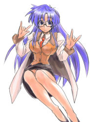 Rule 34 | 00s, 1girl, \m/, arms up, blue eyes, blue hair, glasses, long hair, looking at viewer, loose necktie, matching hair/eyes, necktie, read or die, simple background, solo, umiushi, very long hair, vest, white background, yomiko readman
