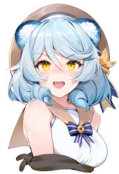 Rule 34 | 1girl, :d, andychen, animal ears, blue bow, blue bowtie, blue hair, blush, bow, bowtie, brown sailor collar, copyright request, cropped torso, fang, hair between eyes, hat, highres, indie virtual youtuber, medium hair, open mouth, revision, sailor collar, shirt, simple background, skin fang, sleeveless, sleeveless shirt, smile, solo, tearing up, upper body, virtual youtuber, white background, white shirt, yellow eyes