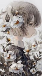 Rule 34 | 1girl, amamanoban, blue eyes, brown hair, closed mouth, collar, flower, from side, hair between eyes, highres, leaf, original, profile, short hair, solo, too many flowers, upper body, white collar, white flower