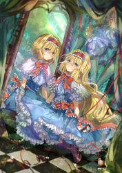 Rule 34 | 1girl, alice margatroid, alternate hairstyle, blonde hair, blue dress, blue eyes, boots, bow, capelet, checkered floor, chess piece, commentary request, dress, frills, hairband, lolita hairband, long hair, looking at viewer, mirror, petticoat, puffy short sleeves, puffy sleeves, red bow, red hairband, red neckwear, red sash, reflection, revision, sash, shanghai doll, short hair, short sleeves, string, string of fate, touhou, very long hair, vima, wrist cuffs