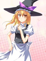 Rule 34 | 1girl, bad id, bad pixiv id, blonde hair, braid, female focus, gradient background, halftone, halftone background, hat, highres, hinata nao, kirisame marisa, solo, touhou, witch, witch hat, yellow eyes