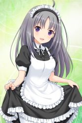 Rule 34 | 1girl, absurdres, ahoge, alternative girls, apron, black dress, clothes lift, dress, dress lift, green background, highres, kira sayuri, long hair, looking at viewer, maid, maid headdress, official art, open mouth, purple eyes, silver hair, smile, solo, white apron