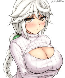 Rule 34 | 10s, 1girl, alternate costume, blush, braid, braided ponytail, breasts, brown eyes, cleavage, cleavage cutout, clothing cutout, don (29219), kantai collection, large breasts, long hair, looking at viewer, meme attire, open-chest sweater, ribbed sweater, simple background, single braid, solo, sweater, turtleneck, unryuu (kancolle), upper body, very long hair, white background, white hair