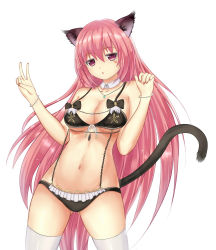 Rule 34 | 1girl, :o, absurdres, animal ears, bad id, bad pixiv id, black bra, black panties, bow, bow bra, bra, breasts, cat ears, cat tail, cleavage, cowboy shot, detached collar, gluteal fold, highres, jewelry, large breasts, lingerie, long hair, looking at viewer, lotpe, navel, necklace, panties, parted lips, pendant, pink eyes, pink hair, qurare magic library, simple background, solo, tail, thighhighs, underwear, underwear only, very long hair, white background, white thighhighs