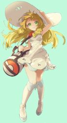 Rule 34 | 1girl, ankea (a-ramo-do), bag, blonde hair, boots, braid, carrying, closed mouth, commentary, creatures (company), dress, duffel bag, full body, game freak, green background, green eyes, hand on headwear, hat, highres, knee boots, lillie (pokemon), long hair, looking at viewer, nintendo, poke ball theme, pokemon, pokemon sm, short dress, simple background, sleeveless, sleeveless dress, smile, solo, standing, sun hat, sundress, twin braids, white dress, white footwear, white hat, wind