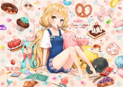 Rule 34 | 10s, 1girl, arm support, bad id, bad pixiv id, barefoot, blonde hair, blueberry tart, cake, cake slice, candy, cat, character name, checkerboard cookie, controller, cookie, cream, croissant, cupcake, dangmill, doughnut, food, food in mouth, fruit, fruit tart, full body, futaba anzu, game controller, gamepad, grapes, ice cream, idolmaster, idolmaster cinderella girls, jelly bean, legs, long hair, macaron, md5 mismatch, mouth hold, overalls, package, pie, pocky, pocky in mouth, pretzel, pudding, red eyes, ring pop, sitting, solo, strawberry, strawberry shortcake, strawberry tart, stuffed animal, stuffed toy, sweets, swiss roll, tart (food), teddy bear, twintails, very long hair