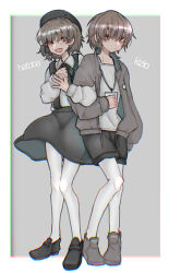 Rule 34 | 2girls, :/, beret, black footwear, black headwear, black ribbon, black shorts, black skirt, border, brown eyes, brown hair, character name, chromatic aberration, closed mouth, collared shirt, commentary, cup, dual persona, fang, flower, full body, grey footwear, grey jacket, hair flower, hair ornament, hair over eyes, hand on own chest, hat, hatoba tsugu, heel up, holding, holding cup, id card, jacket, kijio tsugu, kuchikura, lanyard, locked arms, long sleeves, looking at viewer, low ponytail, medium hair, multiple girls, neck ribbon, open clothes, open jacket, open mouth, outside border, pantyhose, pantyhose under shorts, ribbon, rose, shirt, shirt tucked in, shoes, shorts, side-by-side, single hair ring, skin fang, skirt, smile, standing, suspender skirt, suspenders, tsugu (vtuber), virtual youtuber, white border, white flower, white pantyhose, white rose, white shirt