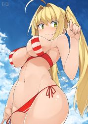 Rule 34 | &gt;:), 1girl, ahoge, artist name, bikini, blonde hair, blue skirt, breasts, cleavage, cloud, cloudy sky, day, e-qi, fate/grand order, fate (series), from below, green eyes, hair intakes, halterneck, highres, large breasts, long hair, looking at viewer, looking down, navel, nero claudius (fate), nero claudius (fate) (all), nero claudius (swimsuit caster) (fate), outdoors, side-tie bikini bottom, skirt, sky, solo, striped bikini, striped clothes, swimsuit, twintails, v-shaped eyebrows
