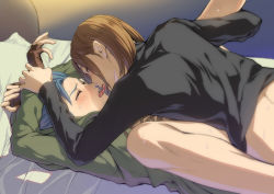 Rule 34 | 2boys, anal, arm grab, bad id, bad pixiv id, bed, black shirt, blue hair, blush, boy on top, brown hair, camus (dq11), closed eyes, clothed sex, commentary request, dragon quest, earrings, french kiss, green robe, hero (dq11), holding another&#039;s wrist, jewelry, kiss, leg up, long sleeves, lying, male focus, male penetrated, missionary, mondi hl, multiple boys, on back, on bed, open mouth, robe, saliva, sex, shirt, short hair, spread legs, sweat, tearing up, tongue, yaoi