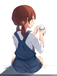 Rule 34 | 1girl, bad id, bad pixiv id, blue dress, brown eyes, brown hair, commentary request, dress, food, from behind, highres, hoshizora ayase, ice cream, long hair, low twintails, melting, original, shirt, short dress, simple background, sitting, solo, twintails, white background, white shirt