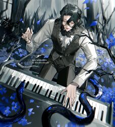Rule 34 | 1boy, :d, absurdres, artist name, ascot, black flower, black hair, black pants, black rose, black vest, blue flower, cowboy shot, dress pants, dress shirt, flower, forget me not (reverse:1999), from above, glasses, hair between eyes, highres, instrument, looking down, male focus, music, mybloodynails, neck flower, on stool, open mouth, pants, piano, playing instrument, playing piano, reverse:1999, rose, round eyewear, shirt, short hair, sitting, smile, snake, solo, tree, vest, waistcoat, white ascot, white shirt, yellow eyes