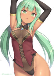Rule 34 | 1girl, :o, armpits, arms up, black gloves, blunt bangs, blush, brooch, contrapposto, cowboy shot, dark-skinned female, dark skin, elbow gloves, gloves, green eyes, green hair, hair ornament, highleg, highleg leotard, jewelry, leotard, looking at viewer, low twintails, navel, original, parted lips, sasaame, simple background, solo, twintails, twitter username, white background, wing collar