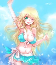 Rule 34 | 10s, 1girl, :d, ;d, arm up, artist name, atago (kancolle), bikini, bikini top only, blonde hair, blush, breasts, green eyes, kantai collection, large breasts, long hair, looking at viewer, nagyi, navel, one eye closed, open mouth, smile, solo, swimsuit, twitter username