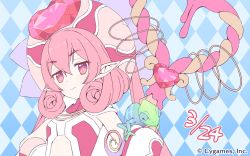 Rule 34 | 1girl, chameleon, copyright notice, curly hair, elf, gloves, hair between eyes, hand on own hip, hat, highres, neneka (princess connect!), official art, pink eyes, pink hair, pointy ears, princess connect!, staff