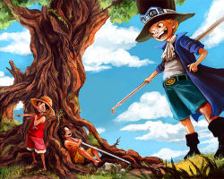 Rule 34 | 3boys, ascot, bad id, bad pixiv id, bandaid, belt, black eyes, blonde hair, blouse, blue sky, cape, child, cloud, east blue, embarrassed, closed eyes, flower, freckles, goggles, grass, hat, laughing, male focus, missing tooth, monkey d. luffy, multiple boys, one piece, outdoors, pointing, pole, poles, portgas d. ace, sabo (one piece), scar, shirt, short hair, shorts, sky, sleeveless, sleeveless shirt, smile, staff, stick, straw hat, top hat, tree, tsuyomaru, weapon, wide-eyed, aged down