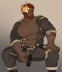 Rule 34 | 1boy, abs, absurdres, bara, beard, dark-skinned male, dark skin, eyebrow cut, facial hair, feet out of frame, flaming eye, grey pants, grey shirt, hammer, hephaestus (housamo), highres, holding, holding hammer, large pectorals, looking to the side, male focus, mature male, muscular, muscular male, navel, nimozie2, nipples, open clothes, open shirt, pants, pectorals, red eyes, scar, scar on chest, shirt, short hair, sitting, sleeves rolled up, solo, stomach, thick eyebrows, tokyo houkago summoners