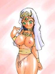 Rule 34 | 1girl, artist request, blush, breasts, censored, covered erect nipples, dark-skinned female, dark skin, egyptian, female focus, green eyes, ishizu ishtar, large breasts, lens flare, millennium necklace, pussy, solo, yu-gi-oh!, yu-gi-oh! duel monsters