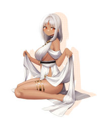 Rule 34 | 1girl, absurdres, azur lane, bare shoulders, blush, breasts, dark-skinned female, dark skin, dress, facial mark, forehead mark, full body, halter dress, halterneck, highres, jewelry, large breasts, lifted by self, long hair, looking at viewer, massachusetts (azur lane), massachusetts (dressed to impress) (azur lane), native american, red eyes, sitting, sleeveless, sleeveless dress, solo, thighlet, white background, white dress, white hair, z-jun.dd-zhong