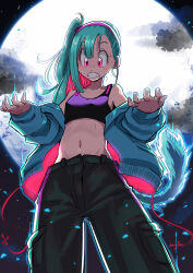 Rule 34 | 1girl, absurdres, blue hair, blush, bra (dragon ball), dragon ball, dragon ball gt, headband, highres, monkey tail, moon, navel, pink mousse, red eyes, side ponytail, solo, sports bra, tail
