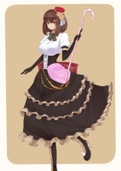 Rule 34 | 1girl, absurdres, bad id, bad pixiv id, black dress, black gloves, boots, bow, brown hair, cake, candy, candy cane, chocolate cake, dress, elbow gloves, food, food-themed hair ornament, full body, gloves, green bow, hair ornament, high heel boots, high heels, highres, kisaragimk24, looking at viewer, original, personification, pocketland, red bow, shirt, short hair, simple background, solo, standing, strawberry hair ornament, striped, striped bow, waffle, white shirt, yellow eyes