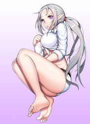 Rule 34 | 1girl, :o, aaa, ass, bad id, bad pixiv id, bare legs, barefoot, belt, breasts, clenched hand, closers, collared shirt, crop top, dress shirt, eyelashes, feet, female focus, from side, front-tie top, gradient background, hand on own chest, huge breasts, knees up, legs, levia (closers), long hair, long pointy ears, long sleeves, looking at viewer, midriff, no bra, open mouth, pants, pointy ears, ponytail, purple background, purple eyes, raised eyebrows, shirt, short shorts, shorts, silver hair, sleeves rolled up, soles, solo, thighs, tied shirt, toes, underboob, very long hair, white pants