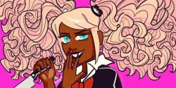Rule 34 | 1girl, 2010s, 2019, afro puffs, bear hair ornament, black lips, black shirt, blonde hair, blue eyes, bow, collared shirt, danganronpa (series), danganronpa another episode: ultra despair girls, dark-skinned female, dark skin, eyebrows, eyelashes, female focus, fingernails, fruitballad, grin, hair ornament, hands up, holding, holding knife, holding weapon, kitchen knife, knife, nail polish, parted bangs, pink background, red bow, red nails, second generation enoshima junko, shirt, simple background, smile, solo, teeth, twintails, upper body, weapon