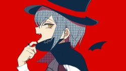 Rule 34 | 1boy, ascot, black ascot, black cape, brown eyes, cape, danganronpa (series), danganronpa v3: killing harmony, detached wings, earrings, fangs, from side, hat, highres, jewelry, male focus, mask, mouth mask, official alternate costume, open mouth, polka dot hair, profile, red background, ring, saihara shuichi, shiratamako (hththotaru1228), sideways glance, simple background, smile, solo, teeth, tongue, top hat, vampire, wings