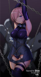 Rule 34 | 1girl, armored leotard, armpits, arms up, artist name, bare shoulders, black gloves, black leotard, black thighhighs, blurry, blush, bound, bound arms, breasts, chain, chained, closed mouth, commentary, commission, cowboy shot, depth of field, elbow gloves, english commentary, fate/grand order, fate (series), frown, gloves, groin, hair over one eye, highres, impossible clothes, impossible leotard, large breasts, leotard, looking at viewer, mash kyrielight, pink hair, purple eyes, sheita, shield, short hair, solo, thigh strap, thighhighs, tied up