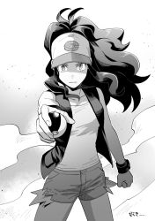 Rule 34 | 1girl, baseball cap, buttons, clenched hand, closed mouth, collarbone, commentary request, cowboy shot, creatures (company), game freak, greyscale, hat, hilda (pokemon), holding, holding poke ball, long hair, looking at viewer, monochrome, nintendo, open clothes, open vest, outstretched arm, poke ball, poke ball (basic), poke ball print, pokemon, pokemon bw, serious, shirt, short shorts, shorts, sidelocks, sleeveless, sleeveless shirt, smoke, solo, translation request, vest, wristband, y (036 yng)