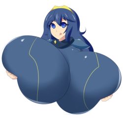 Rule 34 | 1girl, alternate breast size, breasts, fire emblem, fire emblem awakening, gigantic breasts, hands on breasts, jcdr, lucina (fire emblem), nintendo, solo, tongue, tongue out