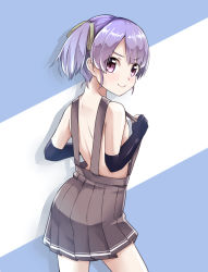 Rule 34 | &gt;:), 10s, 1girl, back, bare shoulders, black gloves, blue hair, blush, elbow gloves, fingerless gloves, gloves, hair ribbon, kanabun, kantai collection, looking at viewer, looking back, no shirt, ooshio (kancolle), pleated skirt, purple eyes, ribbon, skirt, smile, solo, suspender skirt, suspenders, twintails, v-shaped eyebrows