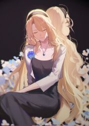 Rule 34 | 2girls, animal ears, arknights, black dress, black hairband, blonde hair, blue flower, clone, closed eyes, closed mouth, collarbone, commentary, cropped jacket, dark background, dog ears, dog girl, dog tail, dress, droopy ears, flower, hair ornament, hairband, highres, jacket, jewelry, joshua (shisanli934), kristen (arknights), long hair, multiple girls, pendant, solo focus, symbol-only commentary, tail, very long hair, white flower, white jacket