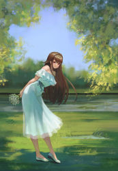 Rule 34 | 1girl, bouquet, brown hair, commission, day, dress, flower, full body, grass, highres, last origin, long hair, looking at viewer, nyanom, outdoors, red eyes, shoes, sleipnir (last origin), smile, solo, tree, white dress