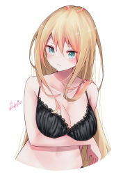 Rule 34 | 1girl, absurdres, bismarck (kancolle), black bra, blonde hair, blue eyes, bra, breasts, cleavage, collarbone, commentary request, haggy, highres, kantai collection, large breasts, long hair, looking to the side, one-hour drawing challenge, simple background, solo, twitter username, underwear, upper body, white background